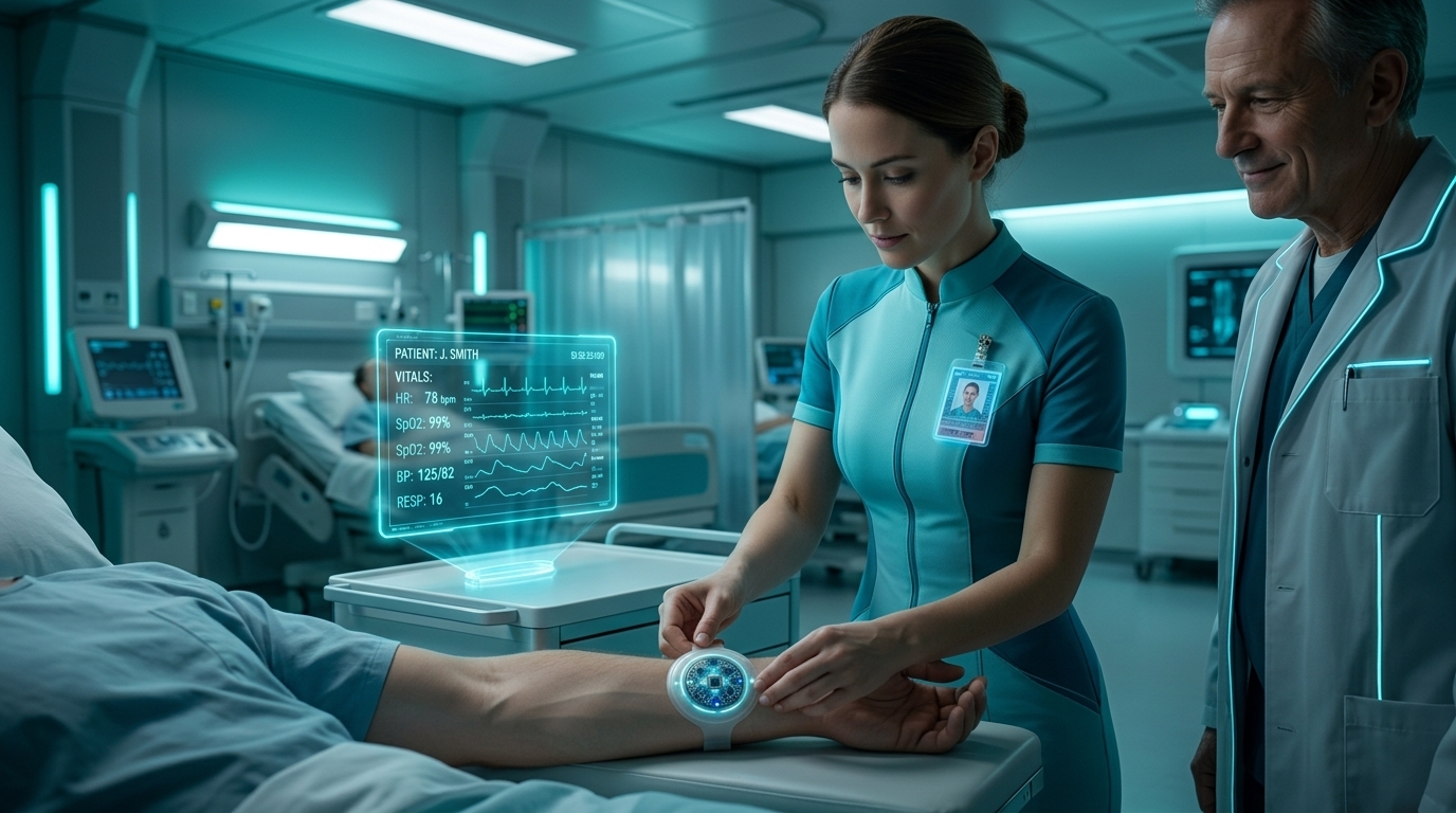 Nurse applying a BioPulse wearable sensor to an ICU patient with live vitals displayed