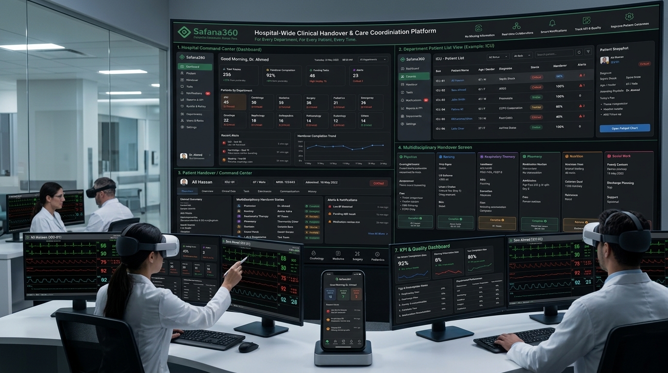 Clinicians coordinating care in a Safana360 hospital command center